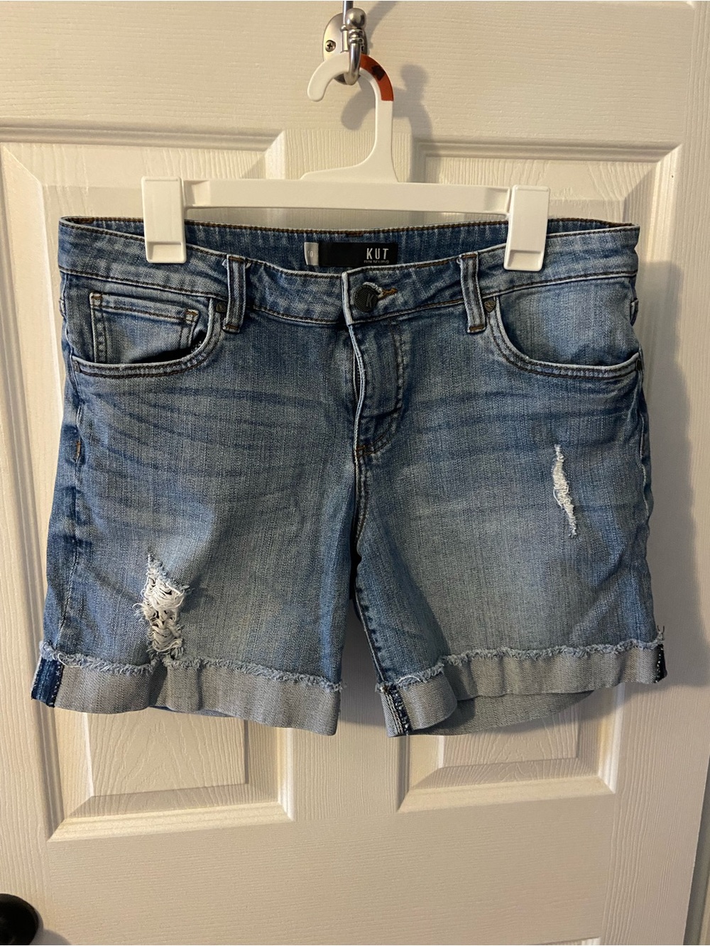 Kut from the Kloth Medium Blue Distressed Denim Roll-Hem Shorts